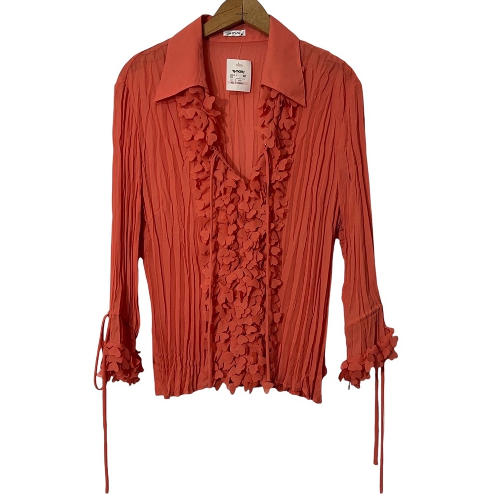 NWT Jaipur Sheer Crinkle Button Down Shirt with Heart Ruffle Front Womens XL